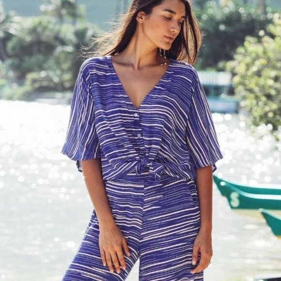 Ava Sky Blue Sapphire Stripe Button Front Dolman Rayon Blouse Womens XS - Picture 1 of 8